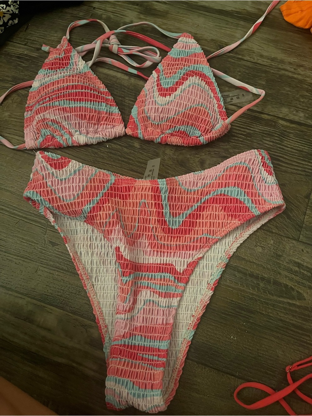 Girls Pink & Turquoise Smocked Two-Piece One-Piece Swim Set